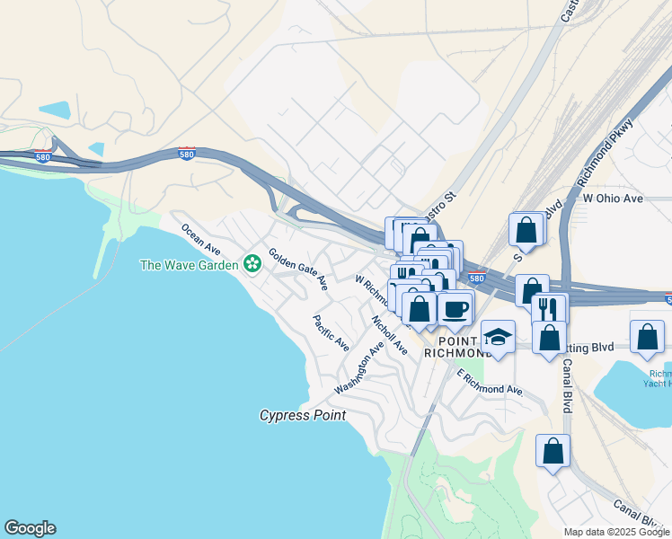 map of restaurants, bars, coffee shops, grocery stores, and more near 460 Eddy Street in Richmond