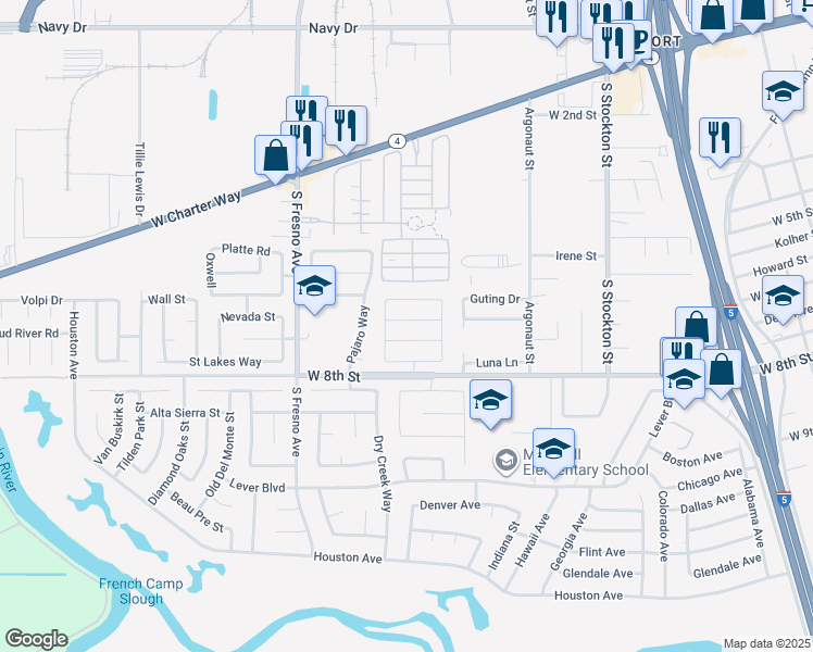 map of restaurants, bars, coffee shops, grocery stores, and more near 1606 Aptos Lane in Stockton