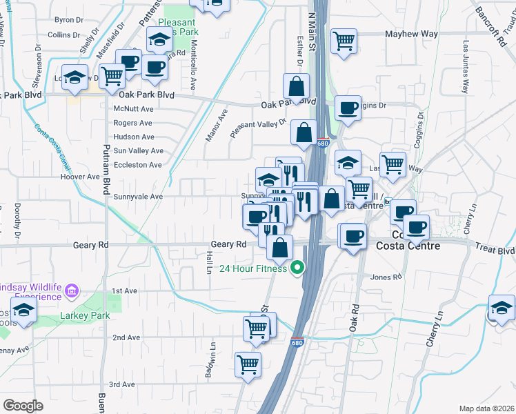 map of restaurants, bars, coffee shops, grocery stores, and more near 1595 Sunnyvale Avenue in Walnut Creek
