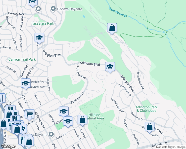 map of restaurants, bars, coffee shops, grocery stores, and more near 1540 Madera Circle in El Cerrito