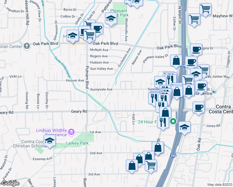 map of restaurants, bars, coffee shops, grocery stores, and more near 1077 Bellamy Court in Walnut Creek