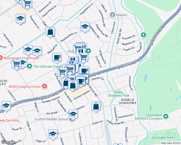 map of restaurants, bars, coffee shops, grocery stores, and more near 206 Hamlin Loop in Walnut Creek