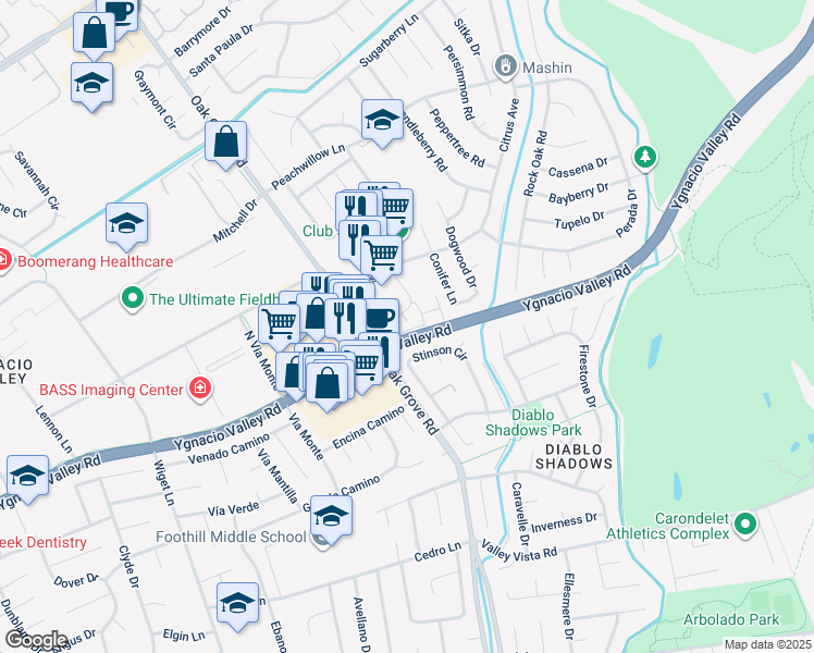 map of restaurants, bars, coffee shops, grocery stores, and more near 206 Hamlin Loop in Walnut Creek