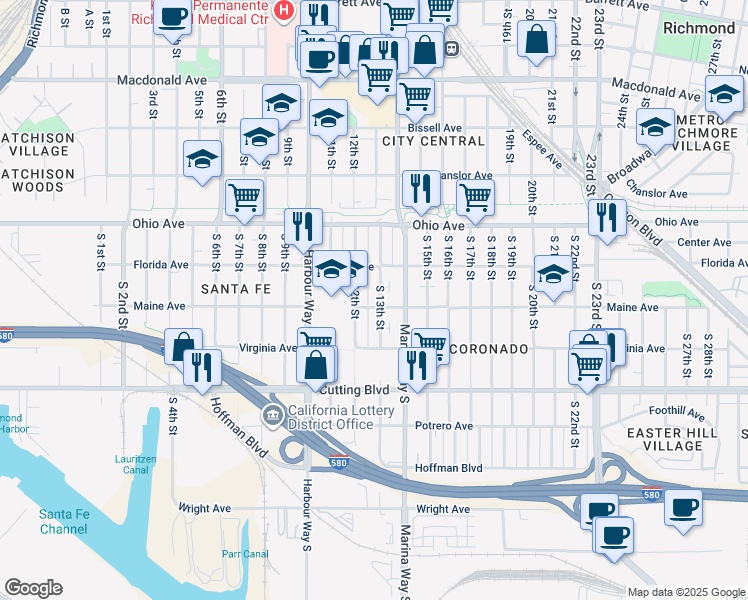 map of restaurants, bars, coffee shops, grocery stores, and more near 261 South 13th Street in Richmond