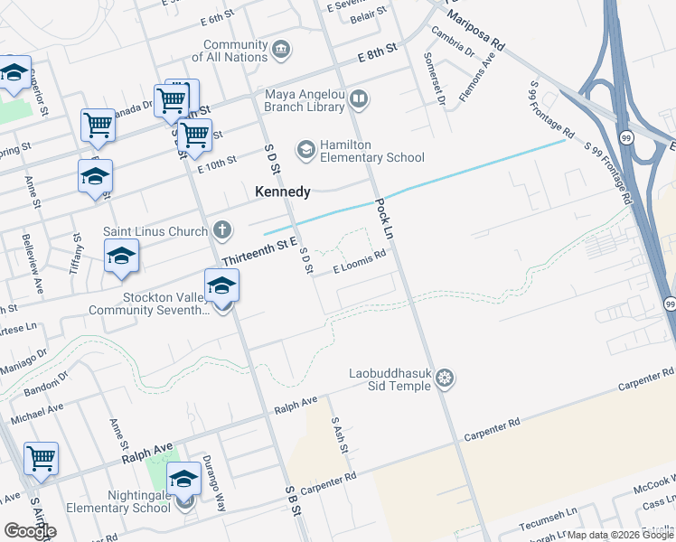 map of restaurants, bars, coffee shops, grocery stores, and more near 2800 S D St in Stockton