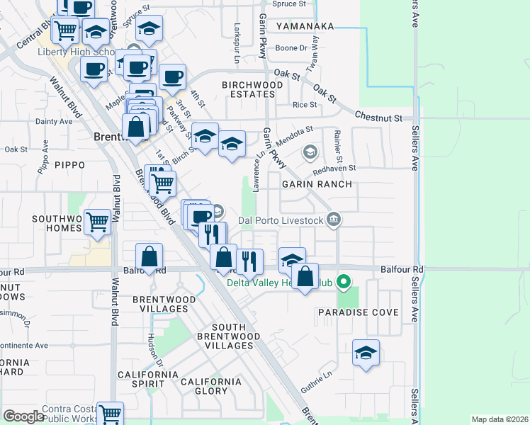 map of restaurants, bars, coffee shops, grocery stores, and more near 214 Lawrence Lane in Brentwood
