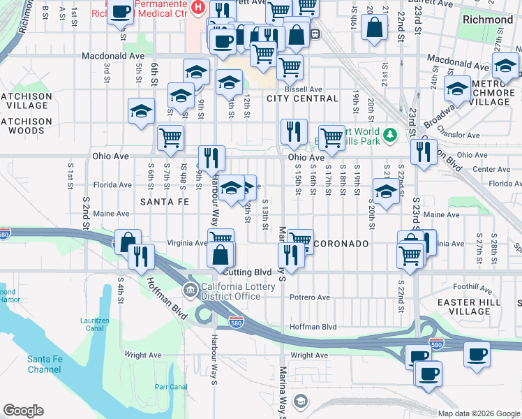 map of restaurants, bars, coffee shops, grocery stores, and more near 261 South 13th Street in Richmond