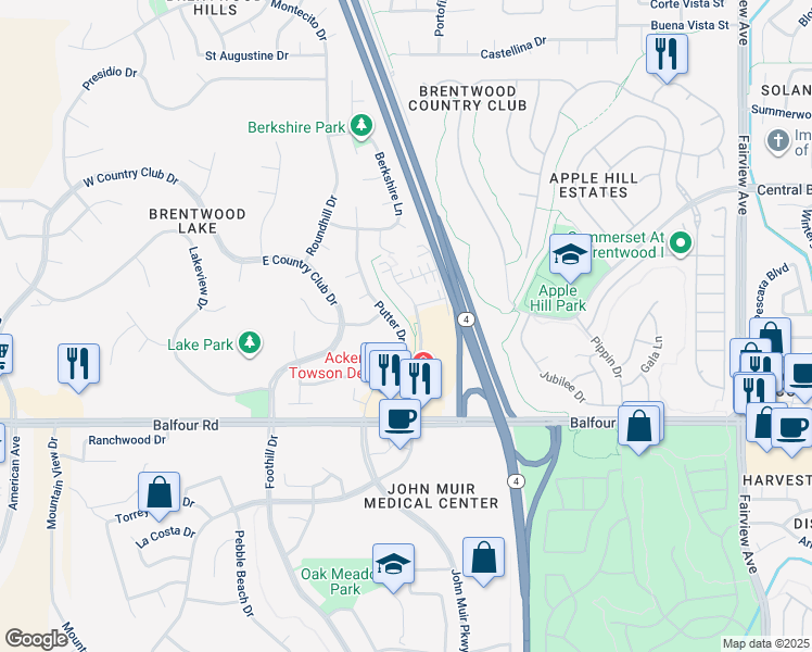 map of restaurants, bars, coffee shops, grocery stores, and more near 196 Putter Drive in Brentwood