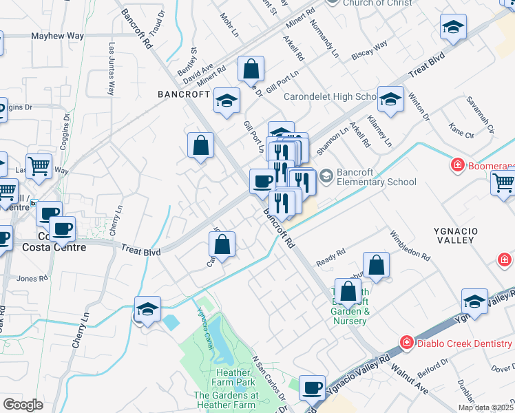 map of restaurants, bars, coffee shops, grocery stores, and more near 1977 Olmo Way in Walnut Creek