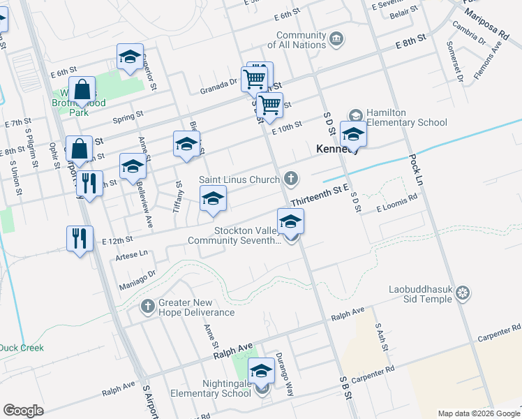 map of restaurants, bars, coffee shops, grocery stores, and more near 1843 East 12th Street in Stockton