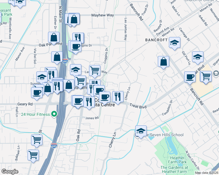 map of restaurants, bars, coffee shops, grocery stores, and more near 1214 Honey Trail in Walnut Creek