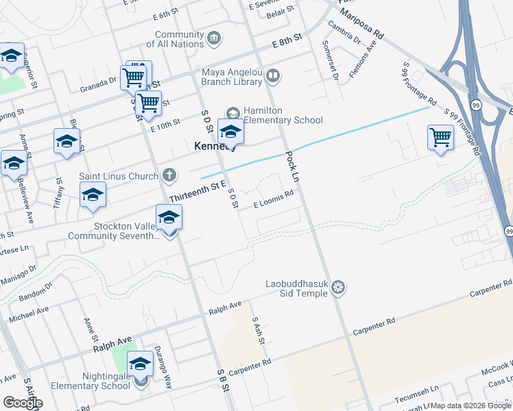 map of restaurants, bars, coffee shops, grocery stores, and more near 2800 S D St in Stockton
