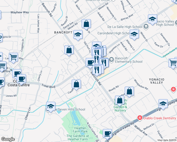 map of restaurants, bars, coffee shops, grocery stores, and more near in Walnut Creek