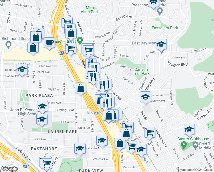 map of restaurants, bars, coffee shops, grocery stores, and more near 2053 Junction Avenue in El Cerrito