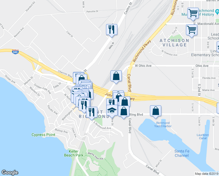map of restaurants, bars, coffee shops, grocery stores, and more near 303 South Garrard Boulevard in Richmond