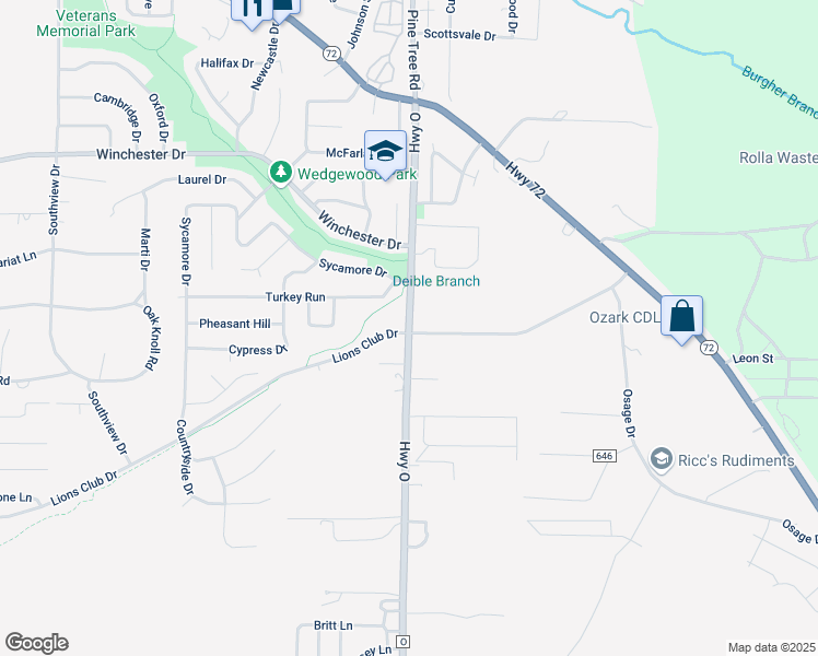 map of restaurants, bars, coffee shops, grocery stores, and more near 4721 Highway O in Rolla
