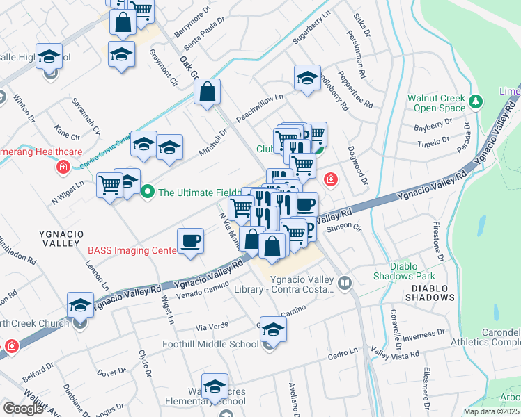 map of restaurants, bars, coffee shops, grocery stores, and more near 2901-2999 Shadelands Drive in Walnut Creek