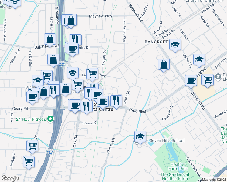 map of restaurants, bars, coffee shops, grocery stores, and more near 1294 Honey Trail in Walnut Creek