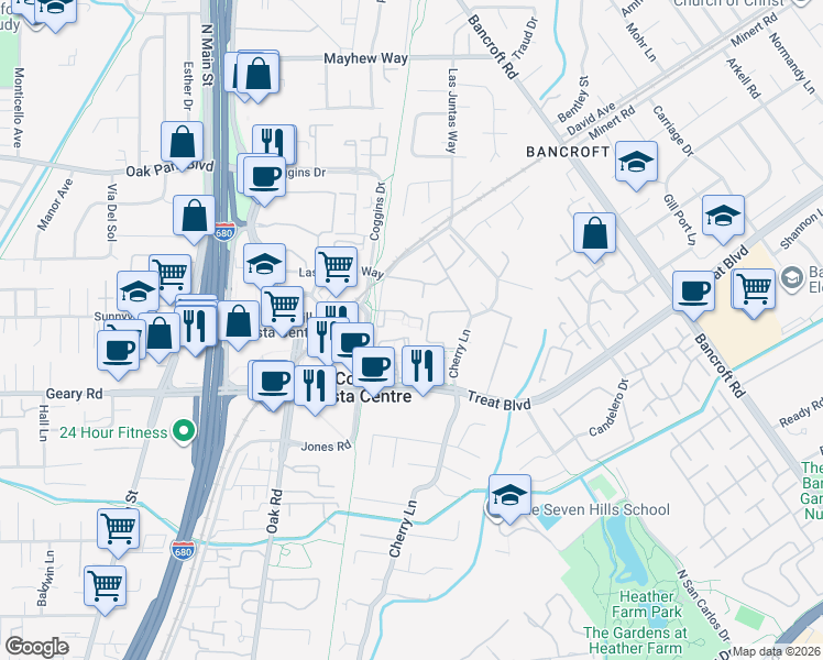 map of restaurants, bars, coffee shops, grocery stores, and more near 1294 Honey Trail in Walnut Creek
