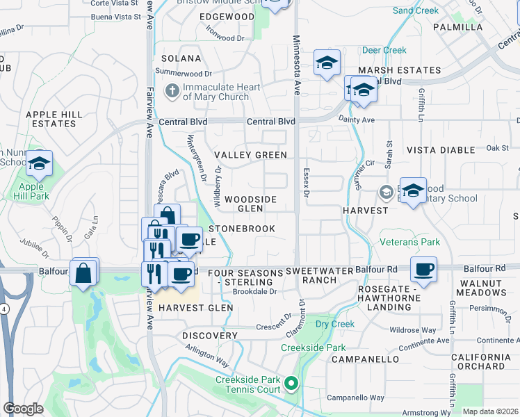 map of restaurants, bars, coffee shops, grocery stores, and more near 1111 Woodside Drive in Brentwood