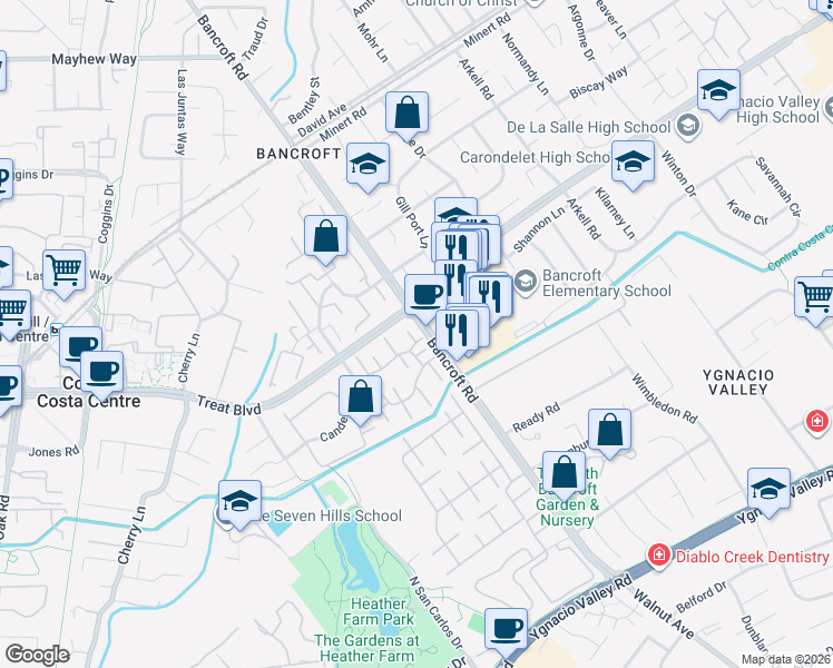 map of restaurants, bars, coffee shops, grocery stores, and more near in Walnut Creek