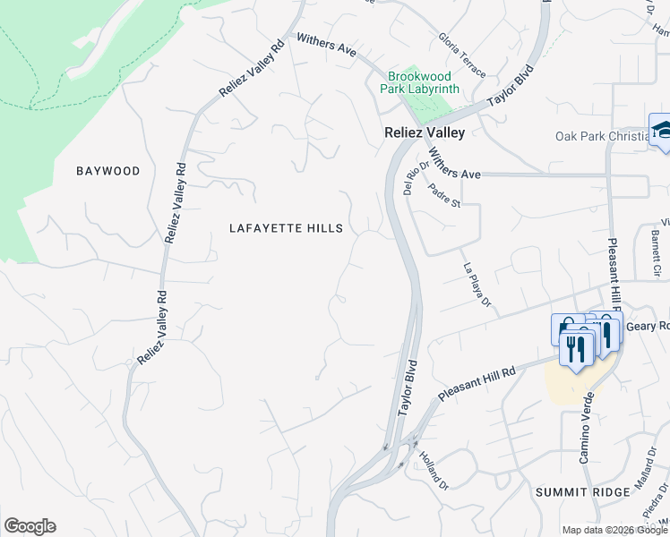 map of restaurants, bars, coffee shops, grocery stores, and more near 3238 Greenhills Drive in Lafayette