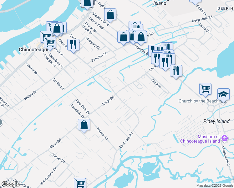 map of restaurants, bars, coffee shops, grocery stores, and more near 4332 Barrett Street in Chincoteague