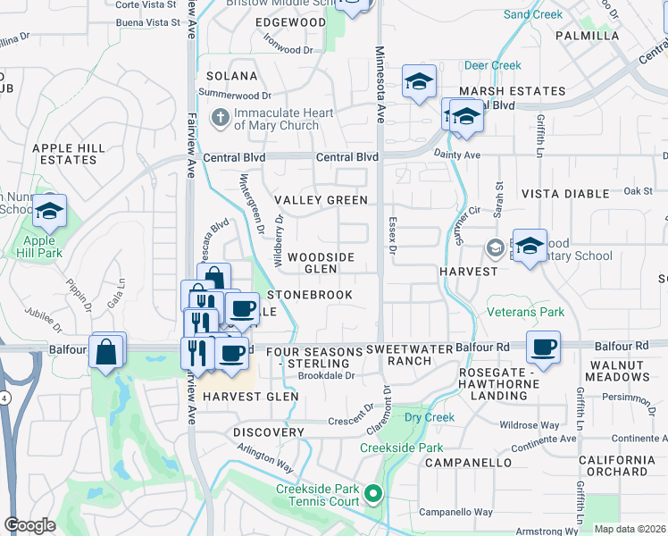 map of restaurants, bars, coffee shops, grocery stores, and more near 1111 Woodside Drive in Brentwood
