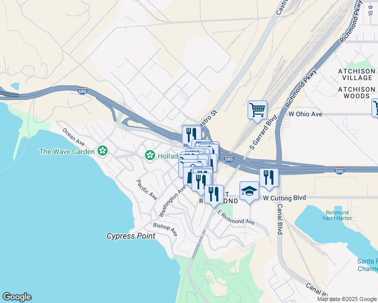 map of restaurants, bars, coffee shops, grocery stores, and more near 221 Tewksbury Avenue in Richmond
