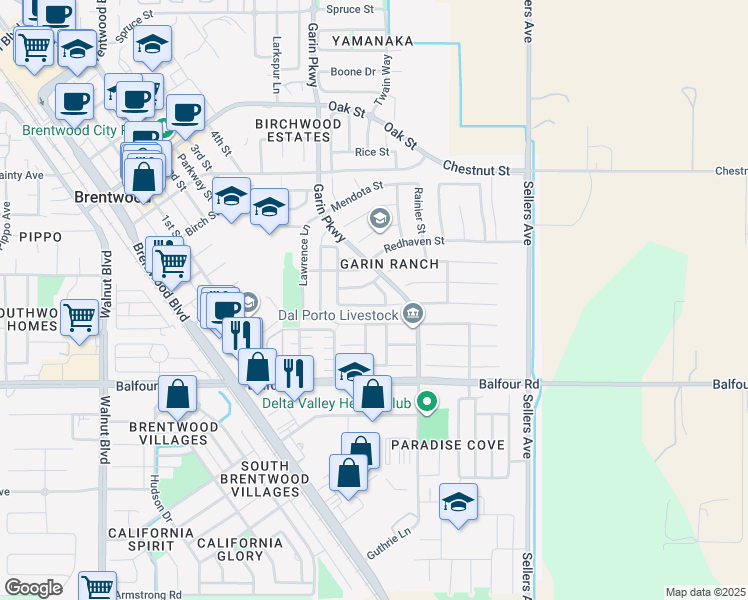 map of restaurants, bars, coffee shops, grocery stores, and more near 585 Ash Street in Brentwood