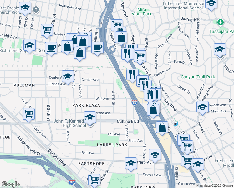map of restaurants, bars, coffee shops, grocery stores, and more near 264 South 47th Street in Richmond