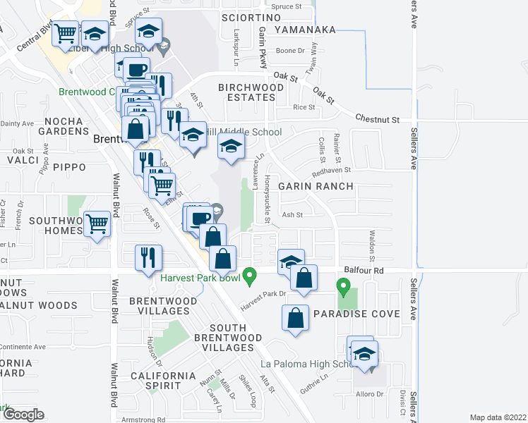 map of restaurants, bars, coffee shops, grocery stores, and more near 214 Lawrence Lane in Brentwood