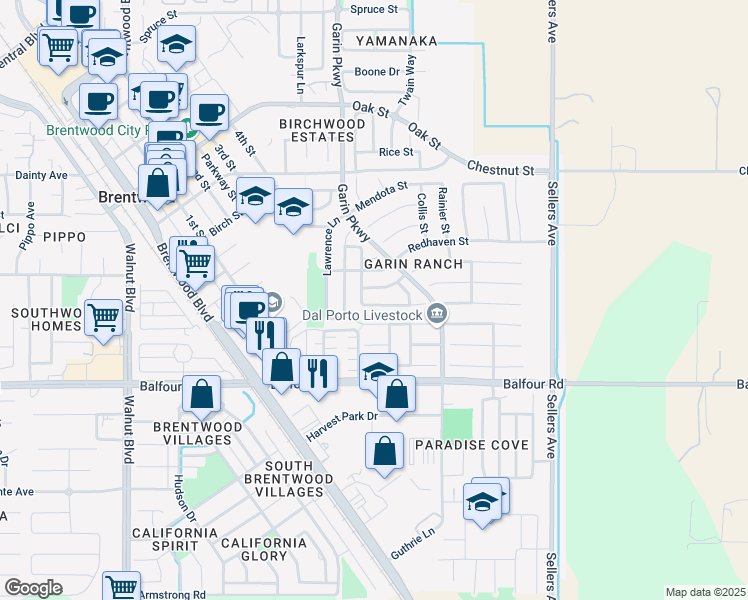 map of restaurants, bars, coffee shops, grocery stores, and more near 573 Ash Street in Brentwood