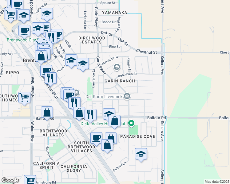 map of restaurants, bars, coffee shops, grocery stores, and more near 350 Oleander Street in Brentwood