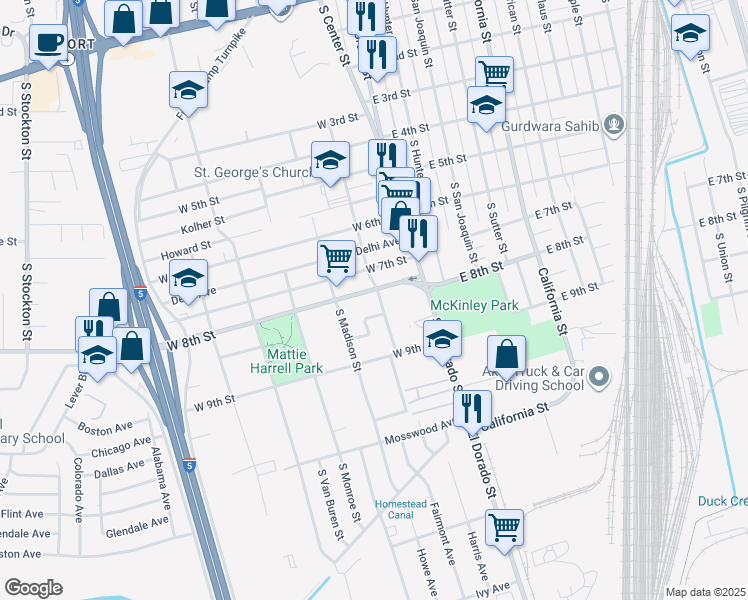 map of restaurants, bars, coffee shops, grocery stores, and more near 123 West 8th Street in Stockton