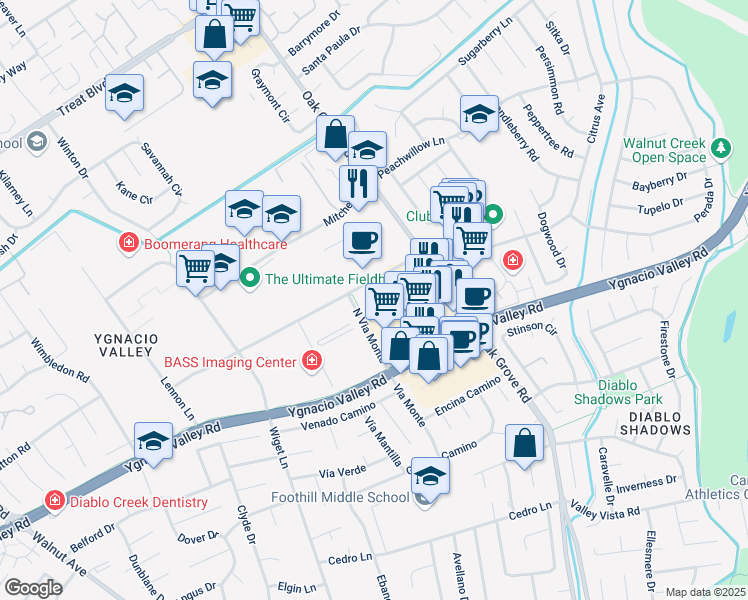 map of restaurants, bars, coffee shops, grocery stores, and more near 2901-2999 Shadelands Drive in Walnut Creek