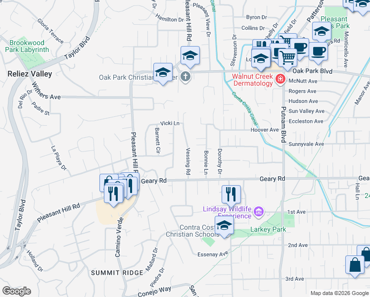 map of restaurants, bars, coffee shops, grocery stores, and more near 3003 Vessing Road in Pleasant Hill