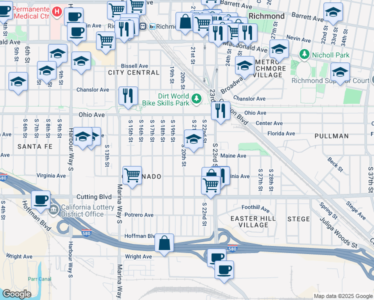 map of restaurants, bars, coffee shops, grocery stores, and more near 221 South 20th Street in Richmond