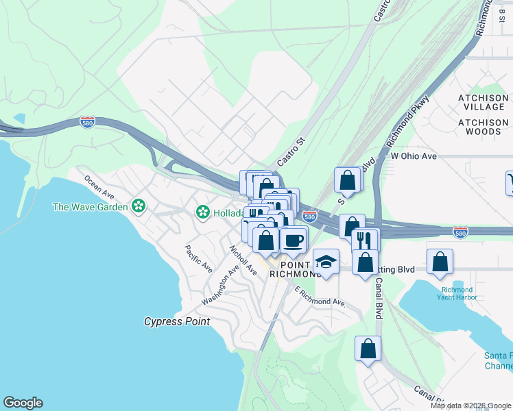 map of restaurants, bars, coffee shops, grocery stores, and more near 221 Tewksbury Avenue in Richmond