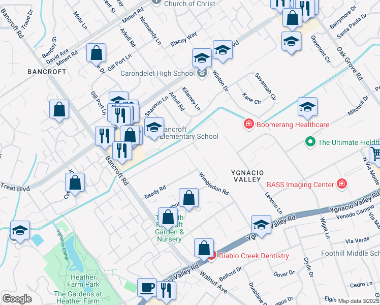 map of restaurants, bars, coffee shops, grocery stores, and more near 898 Amberwood Court in Walnut Creek
