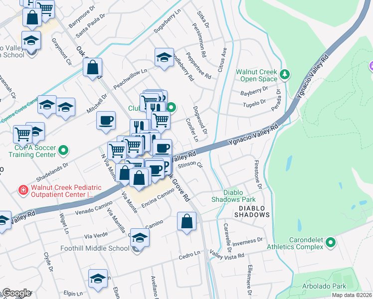 map of restaurants, bars, coffee shops, grocery stores, and more near 303 Hamlin Loop in Walnut Creek