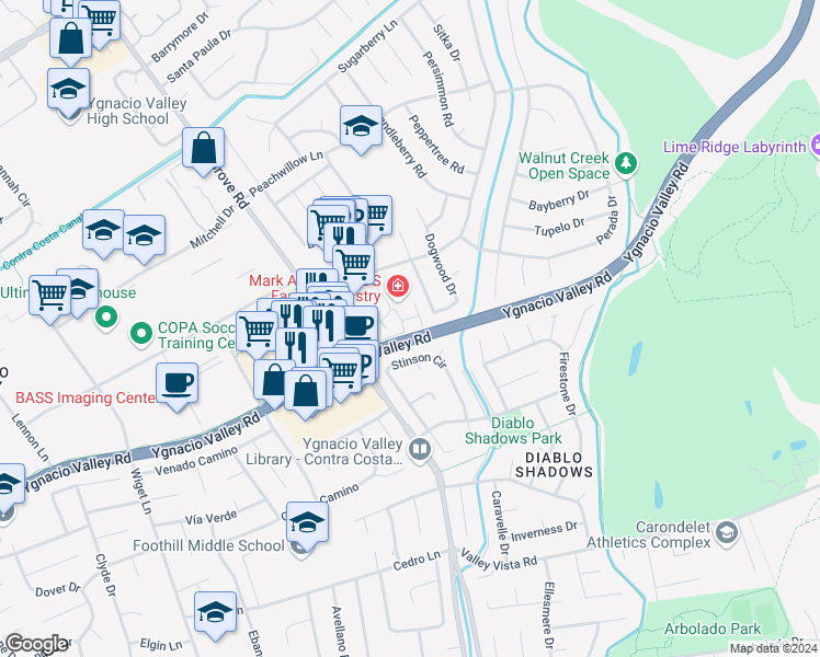 map of restaurants, bars, coffee shops, grocery stores, and more near 303 Hamlin Loop in Walnut Creek