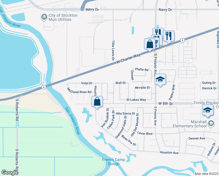 map of restaurants, bars, coffee shops, grocery stores, and more near 2050 Grey Stone Drive in Stockton
