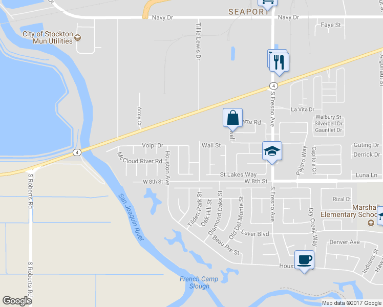 map of restaurants, bars, coffee shops, grocery stores, and more near 2050 Grey Stone Drive in Stockton