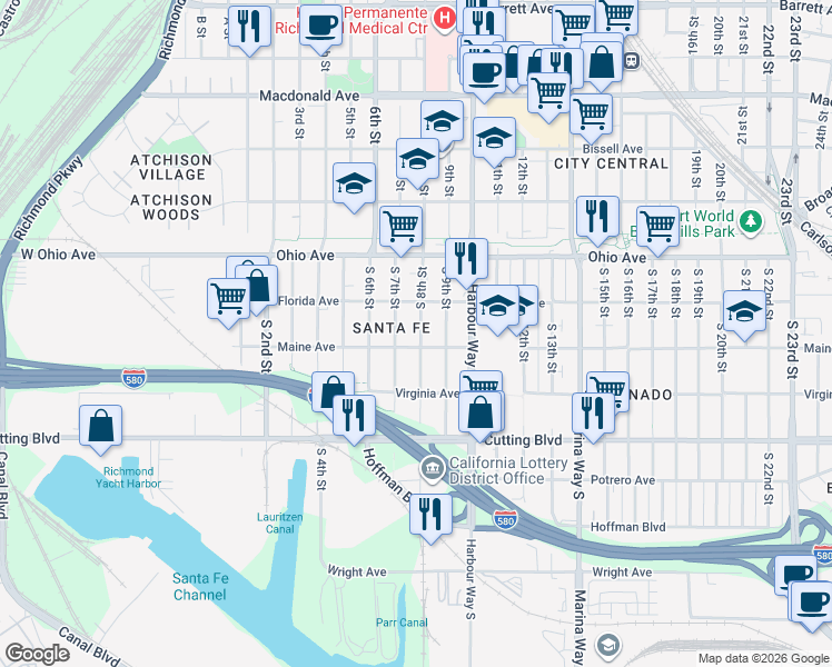 map of restaurants, bars, coffee shops, grocery stores, and more near 253 South 8th Street in Richmond