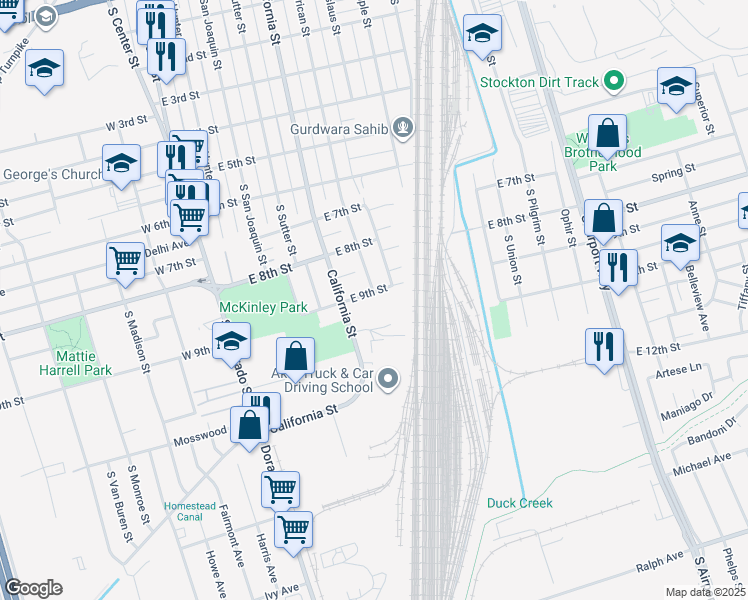 map of restaurants, bars, coffee shops, grocery stores, and more near 548 East 9th Street in Stockton