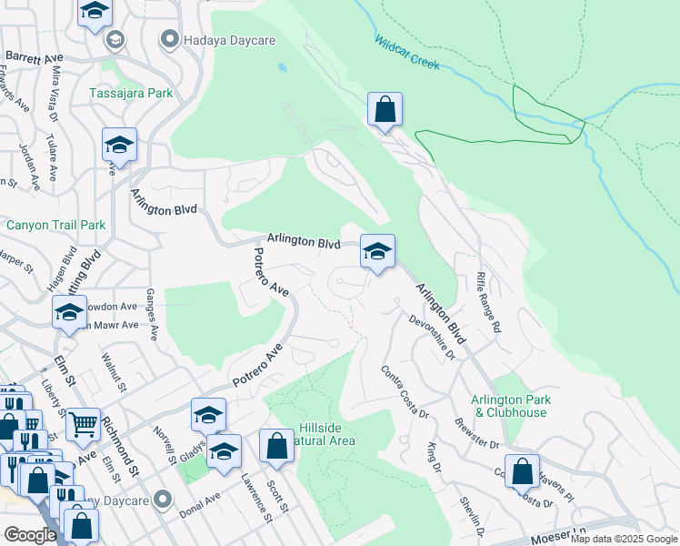 map of restaurants, bars, coffee shops, grocery stores, and more near 1518 Madera Court in El Cerrito
