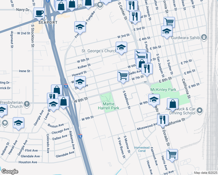 map of restaurants, bars, coffee shops, grocery stores, and more near 2111 South Monroe Street in Stockton