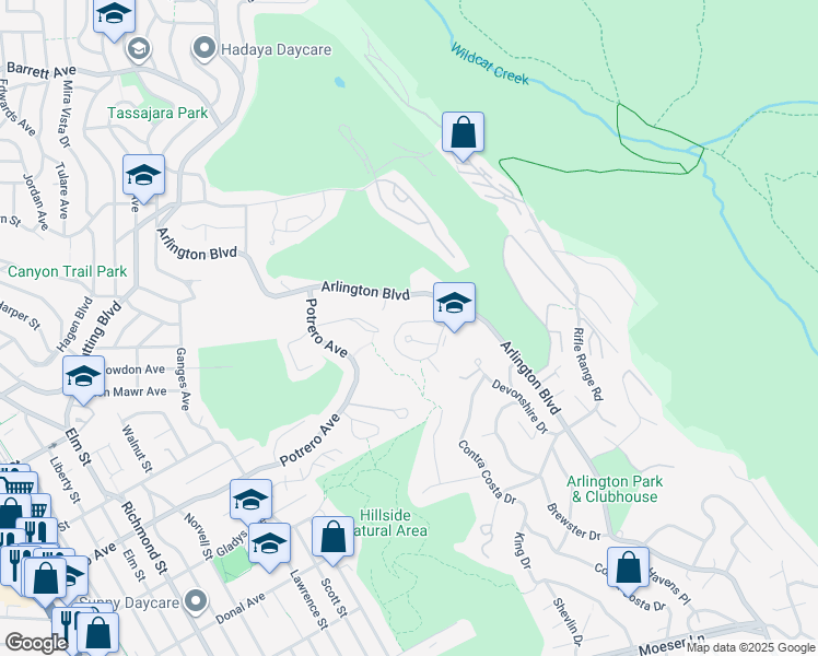 map of restaurants, bars, coffee shops, grocery stores, and more near 1518 Madera Court in El Cerrito