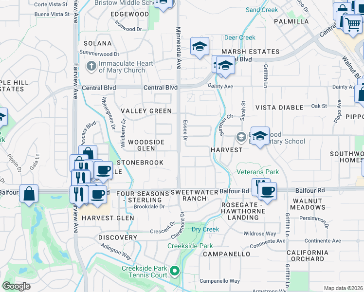 map of restaurants, bars, coffee shops, grocery stores, and more near 285 Essex Drive in Brentwood